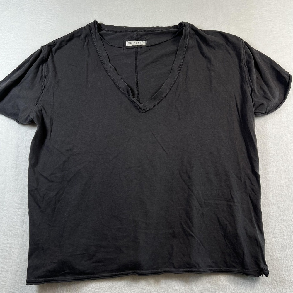 We The Free T-Shirt Womens XS Black V Neck Short Sleeve Relaxed Jersey Raw Hem